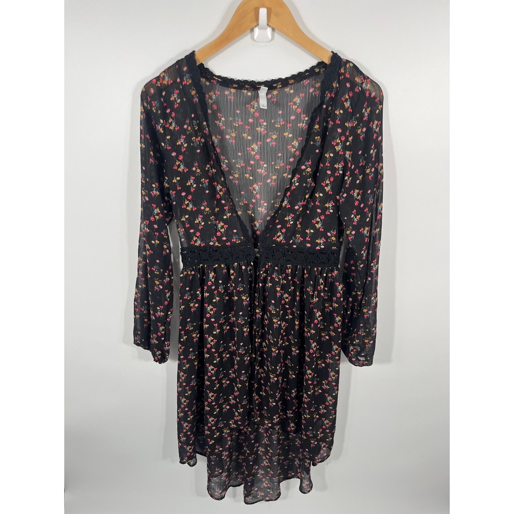 Womens Y2K Babydoll Kimono S Black Floral Sheer Lace Boho‎ Chic Country Concert